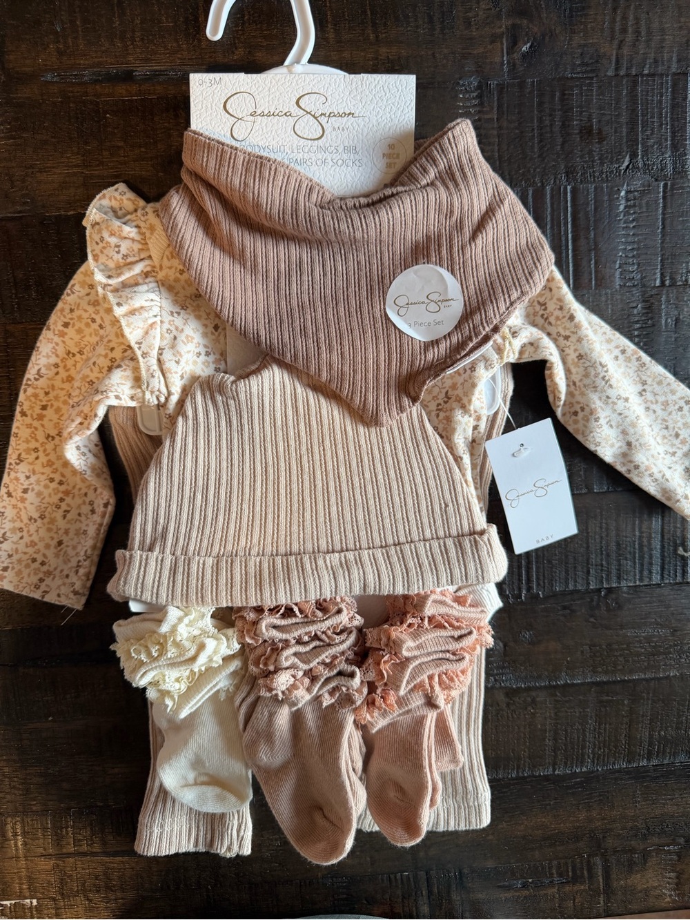 Jessica Simpson Neutral Ribbed Baby Bib & Sock Set - Beige, Cream, Tan